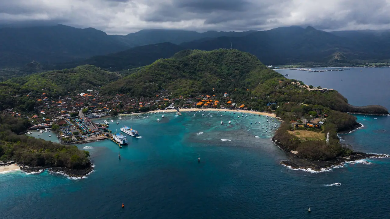 Aerial view of Padangbai harbour on Amuk Bay, East Bali